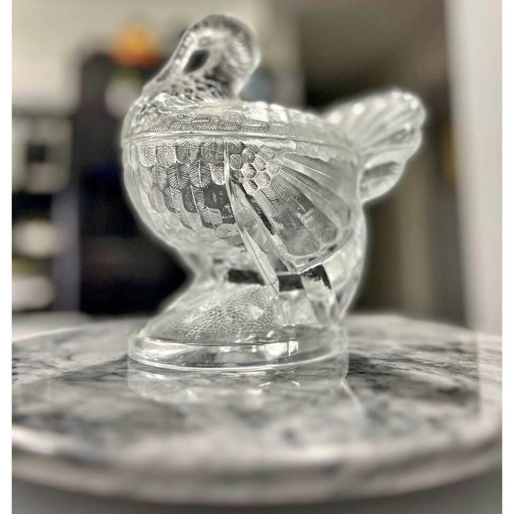 VTG L.E. Smith clear glass turkey candy dish with a lid-1940s